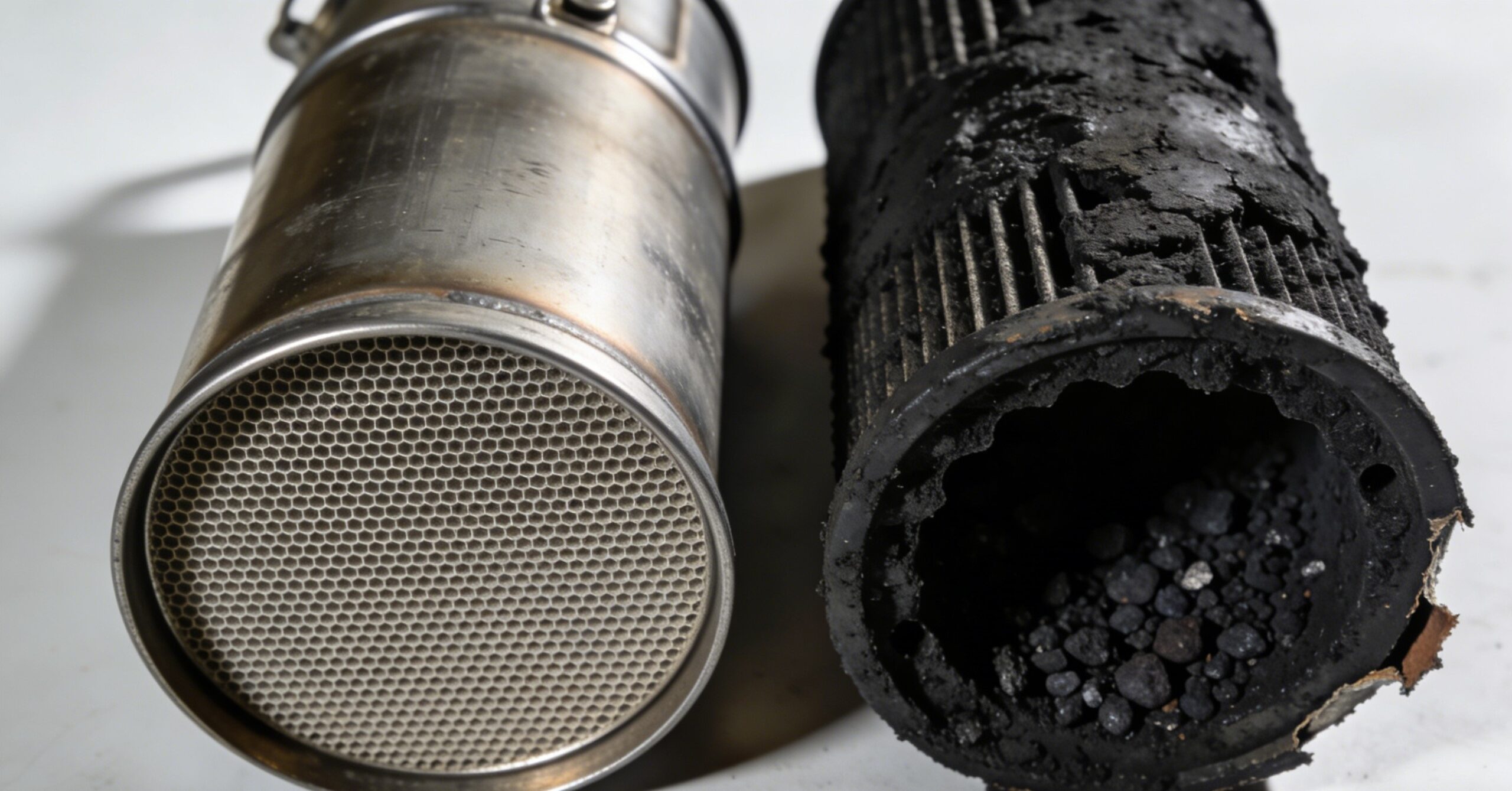 A clean DPF filter next to a clogged one