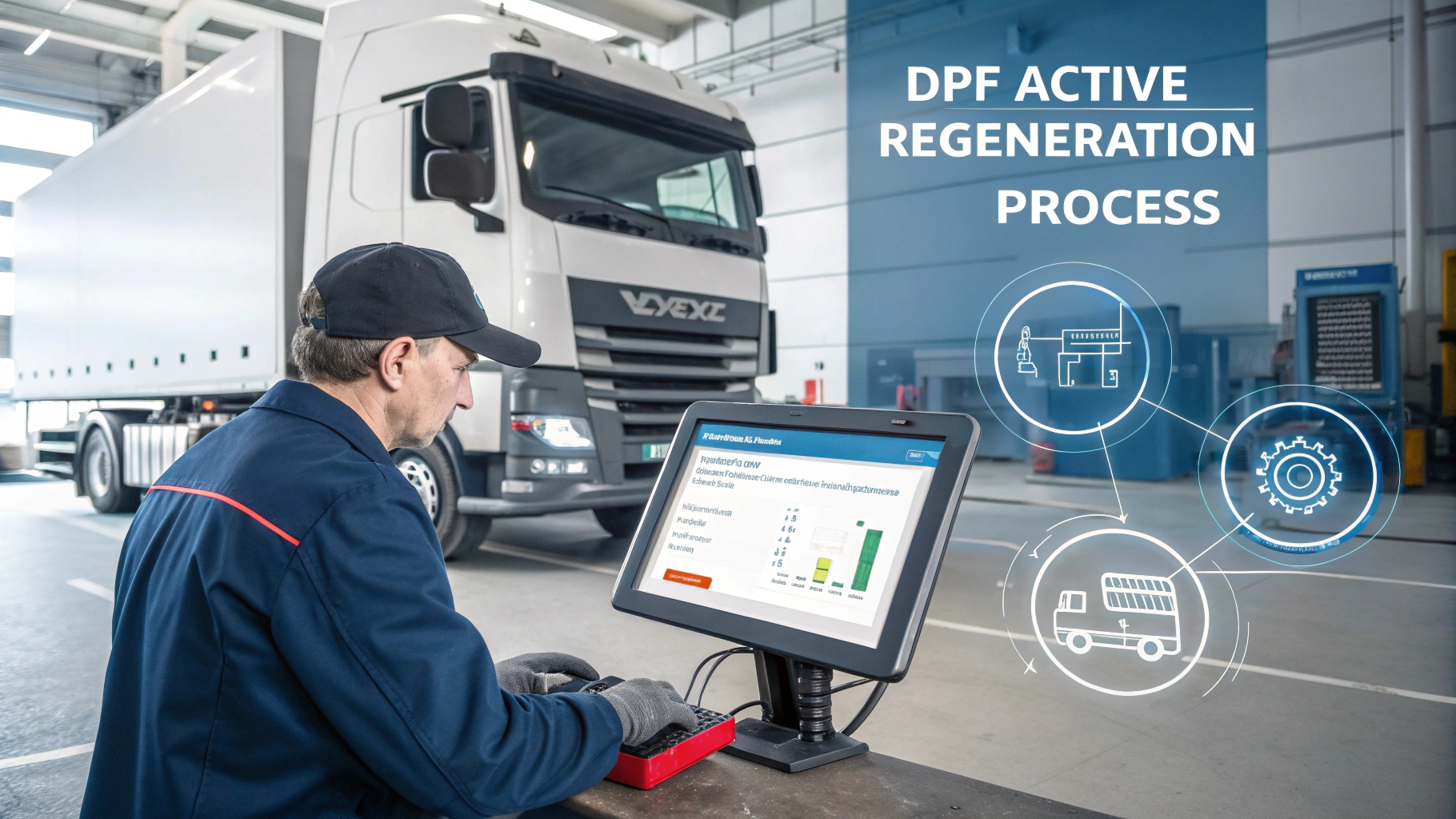 A mechanic using a diagnostic tool on a truck