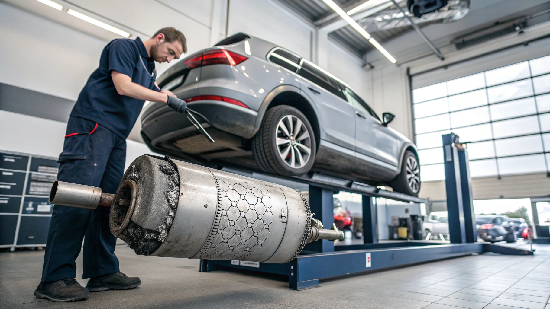 A brand new DPF unit next to an old, damaged one